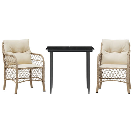 bistrosæt til haven 3 dele med hynder polyrattan beige