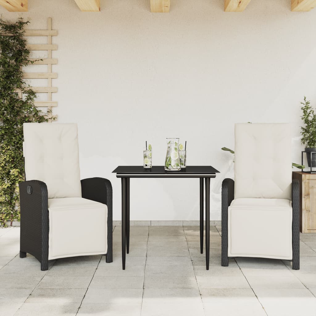 bistrosæt til haven 3 dele med hynder polyrattan sort
