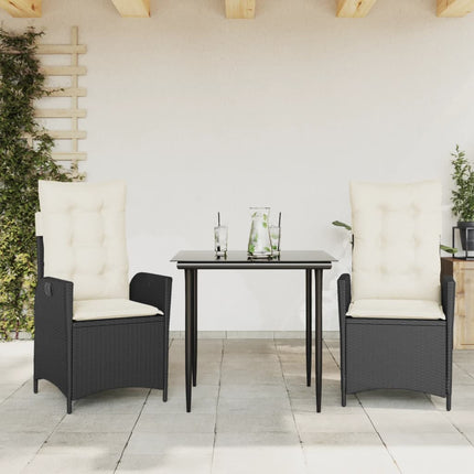 spisebordssæt til haven 3 dele med hynder polyrattan sort