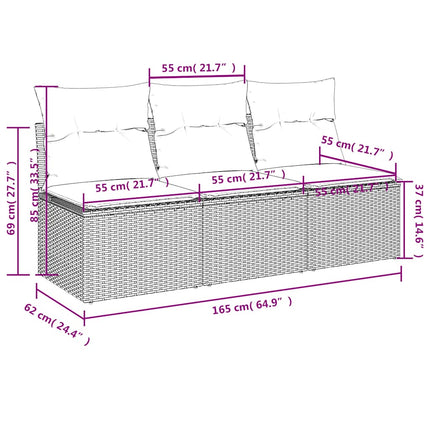havesofa med hynder 3-personers sort polyrattan