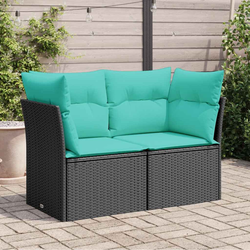 2-personers havesofa i sort polyrattan med blå hynder