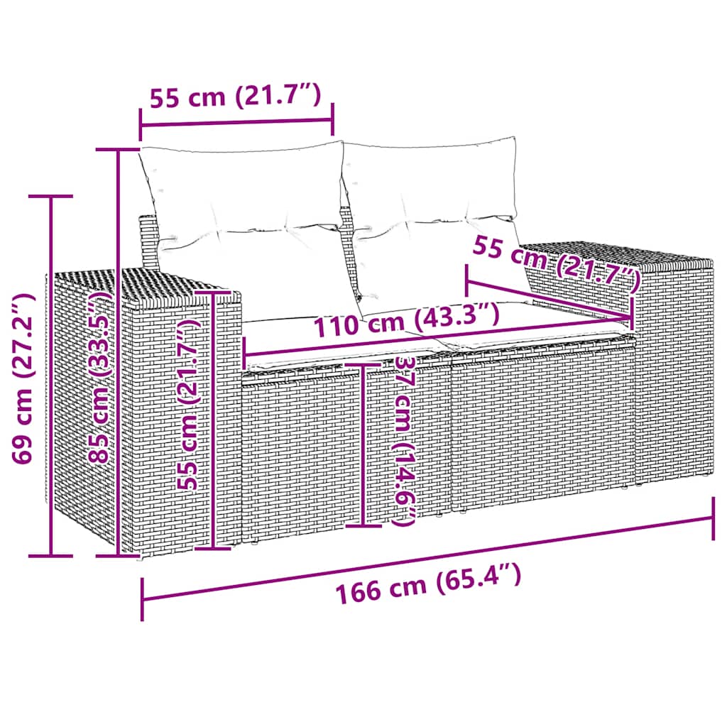 2-personers havesofa med hynder polyrattan brun