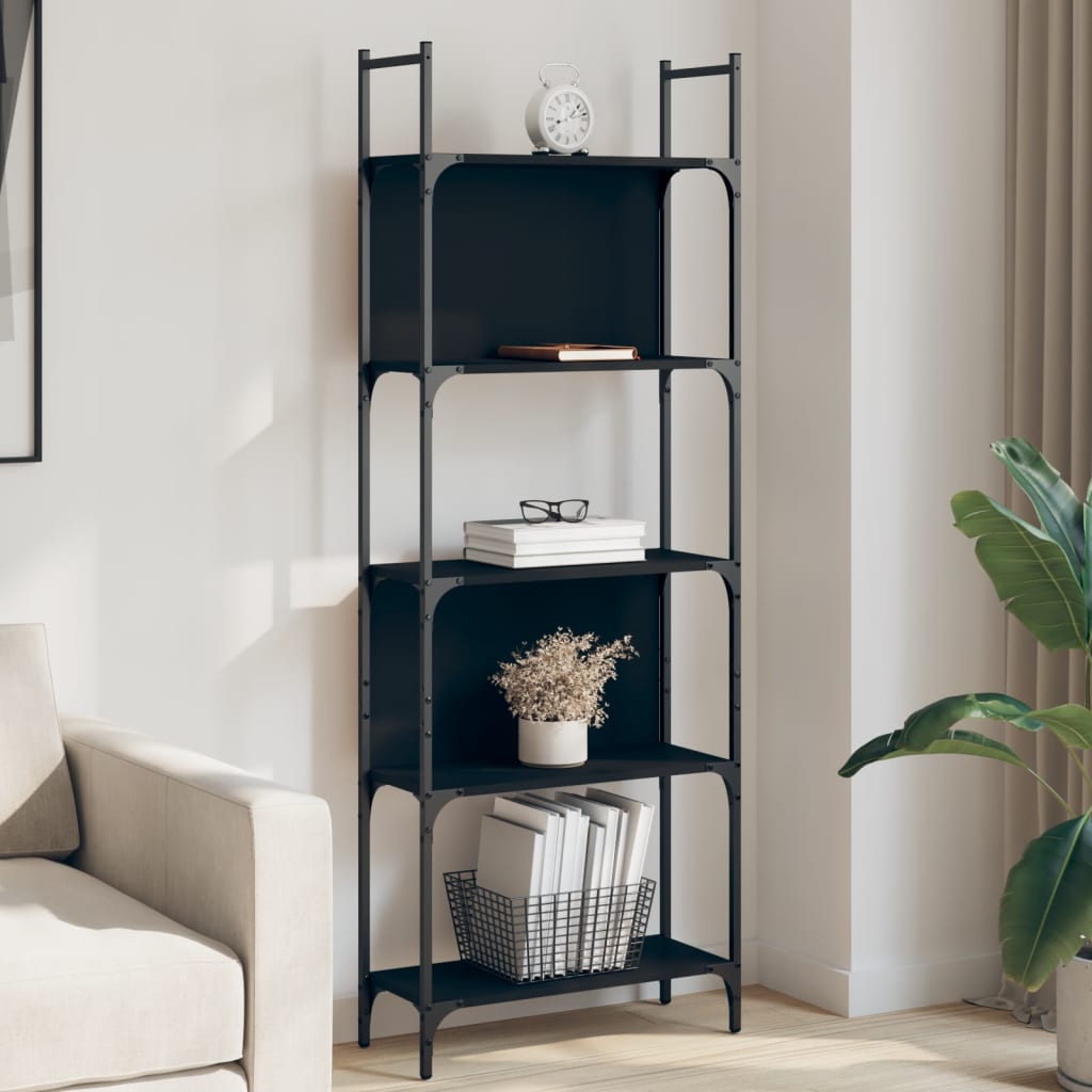 Bogreol med 5 hylder - 60,5 × 24 × 166,5 cm - sort konstrueret træ og stål
