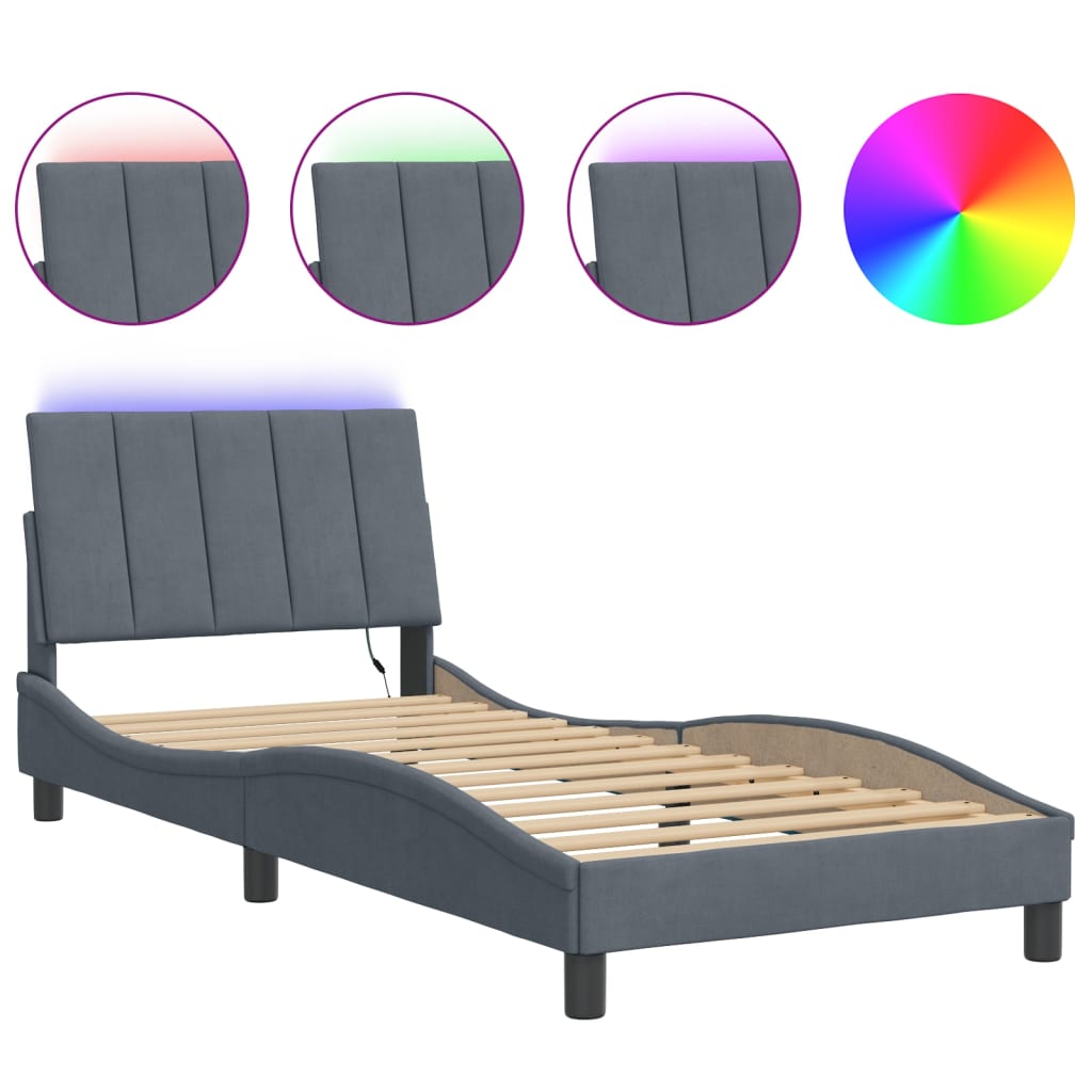 sengeramme med LED uden madras Hanko 90x200 cm velour mørkegrå