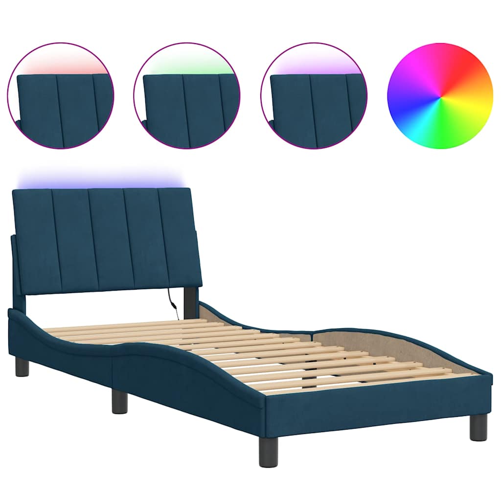 sengeramme med LED uden madras Hanko 90x200 cm velour blå