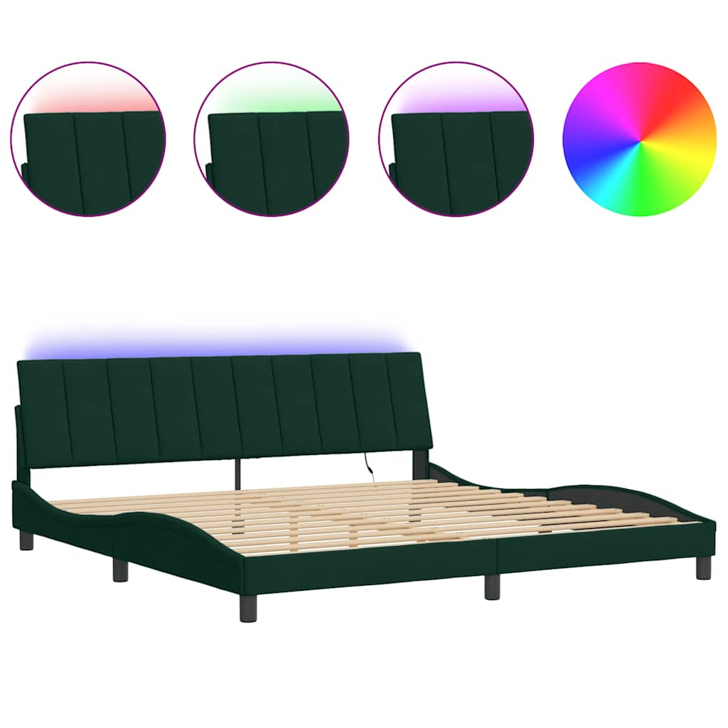 sengeramme med LED uden madras Hanko 200x200 cm velour mørkegrøn