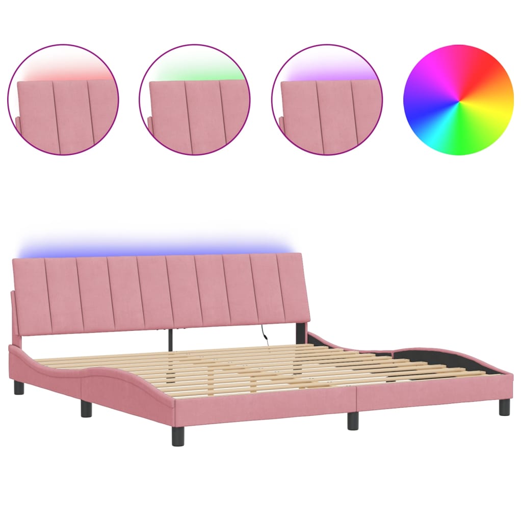 sengeramme med LED uden madras Hanko 200x200 cm velour lyserød