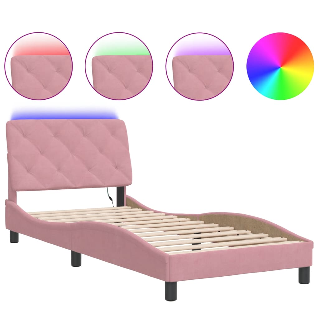 sengeramme med LED uden madras 90x190 cm velour pink