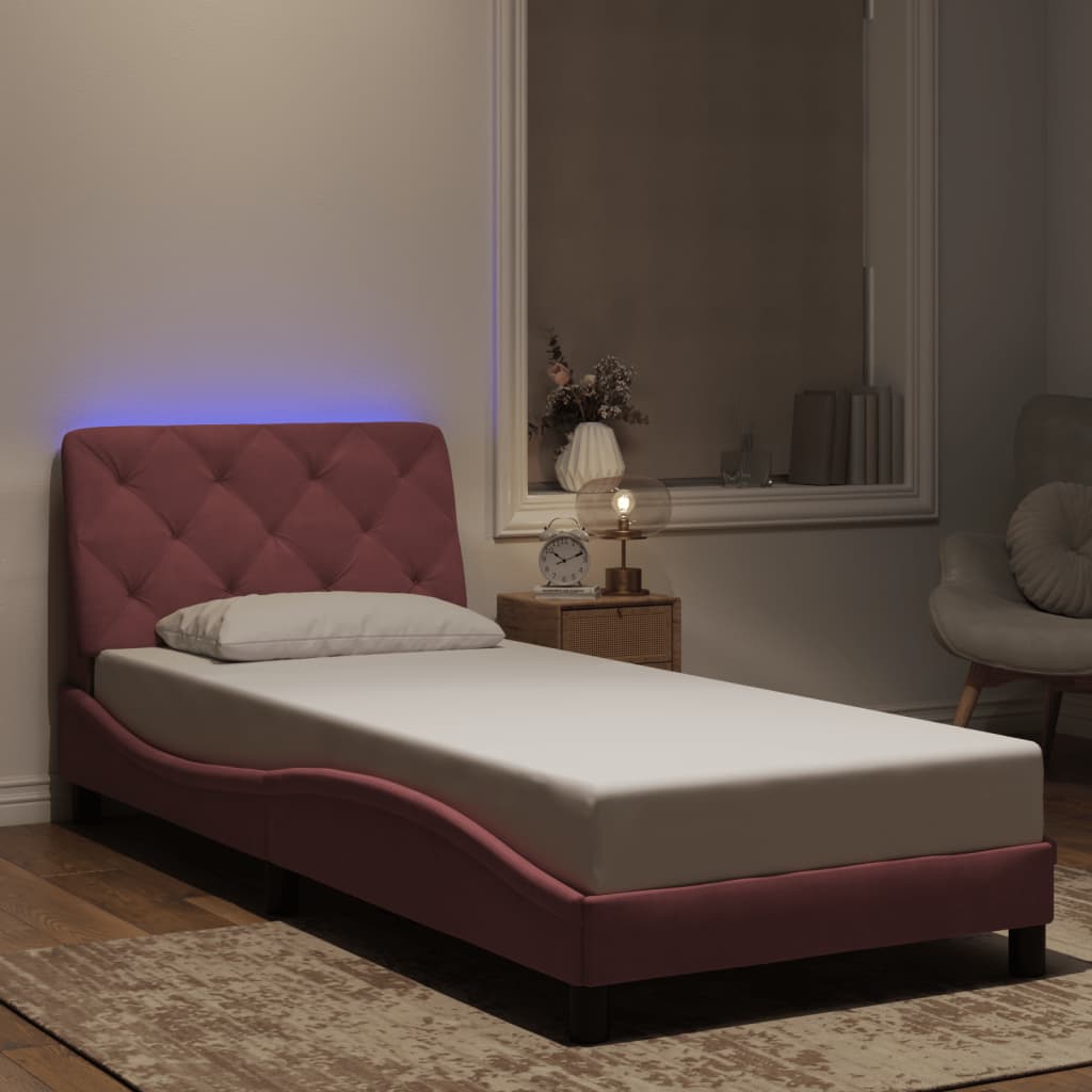 sengeramme med LED uden madras 90x200 cm velour pink
