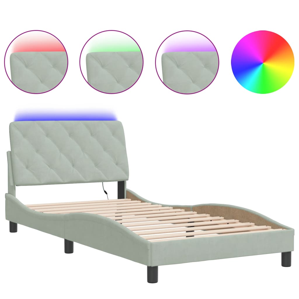 sengeramme med LED uden madras 100x200 cm velour lysegrå