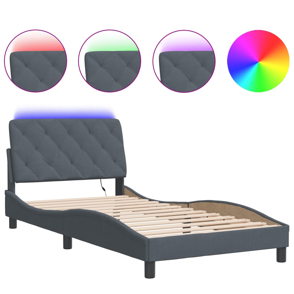 sengeramme med LED uden madras 100x200 cm velour mørkegrå