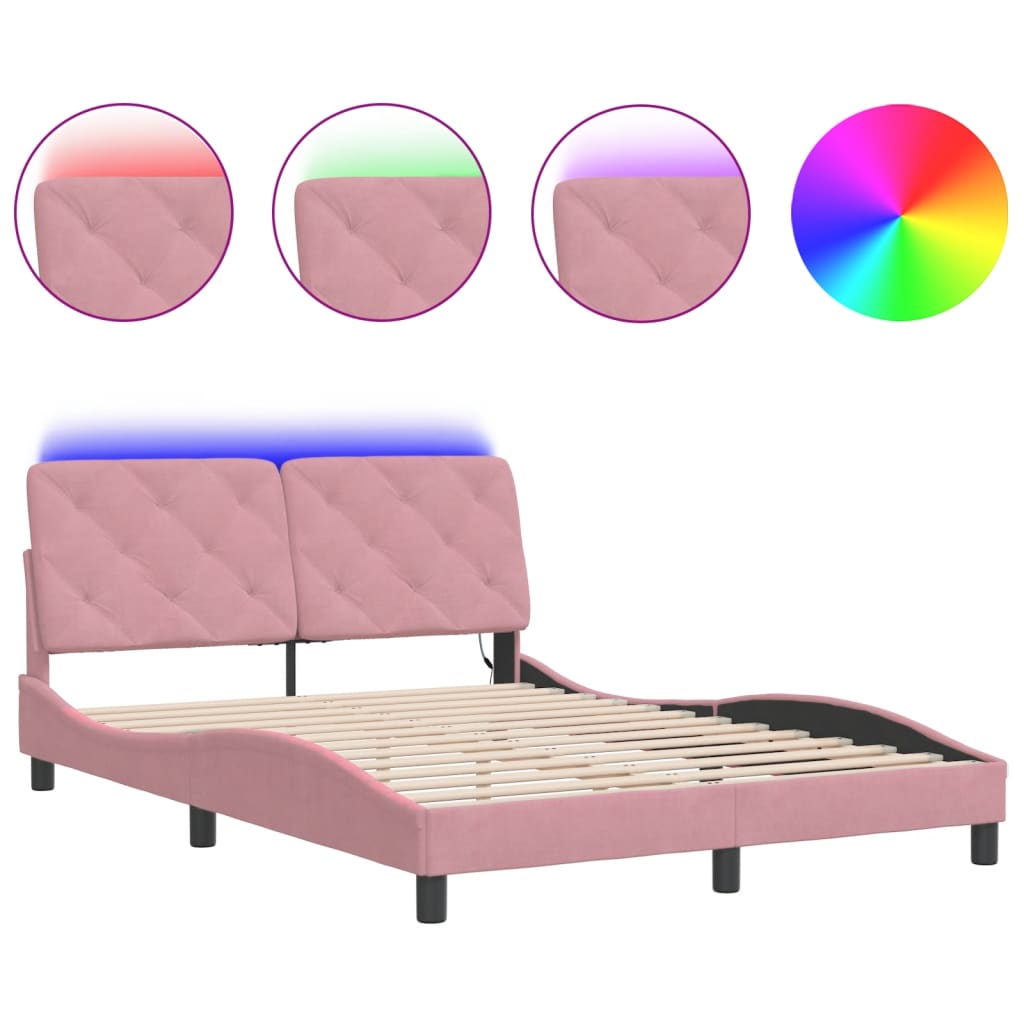 sengeramme med LED uden madras 140x200 cm velour pink