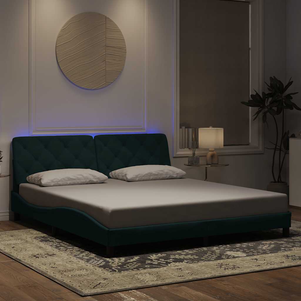 sengeramme med LED uden madras 180x200 cm velour mørkegrøn