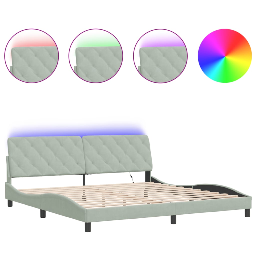 sengeramme med LED uden madras 200x200 cm velour lysegrå