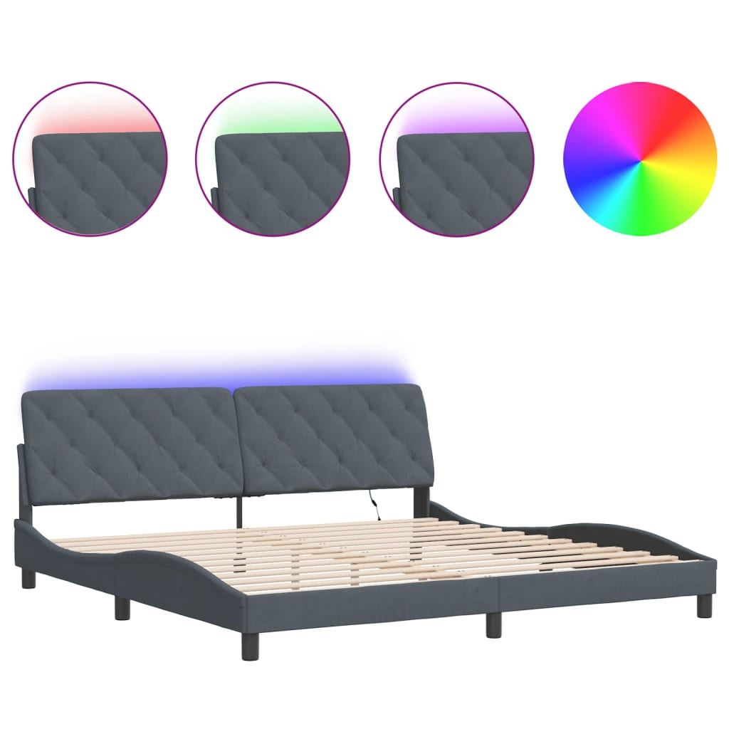 sengeramme med LED uden madras 200x200 cm velour mørkegrå