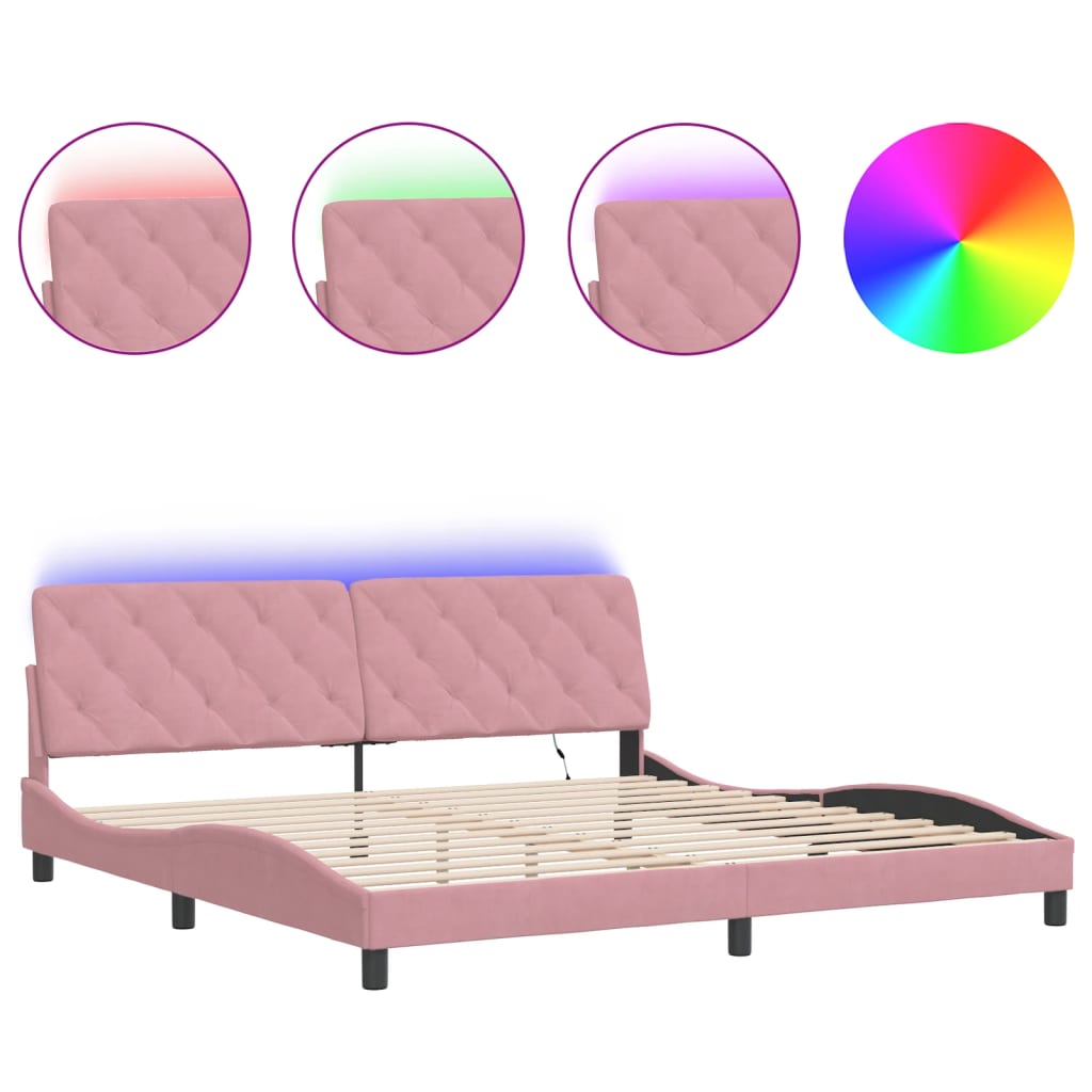 sengeramme med LED uden madras 200x200 cm velour lyserød