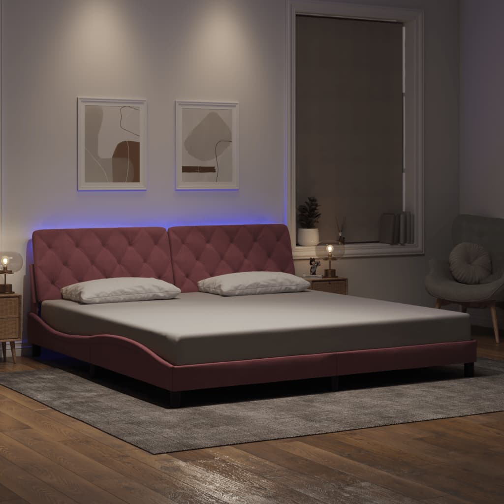 sengeramme med LED uden madras 200x200 cm velour lyserød