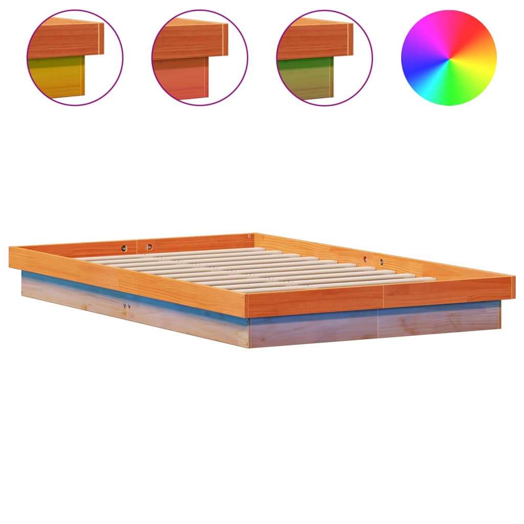 sengeramme med LED-lys 140x200 cm massivt fyrretræ gyldenbrun