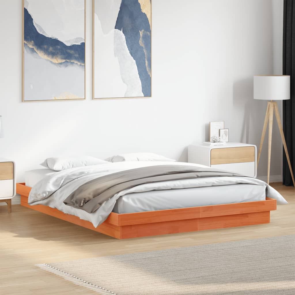 sengeramme med LED-lys 160x200 cm massivt fyrretræ gyldenbrun