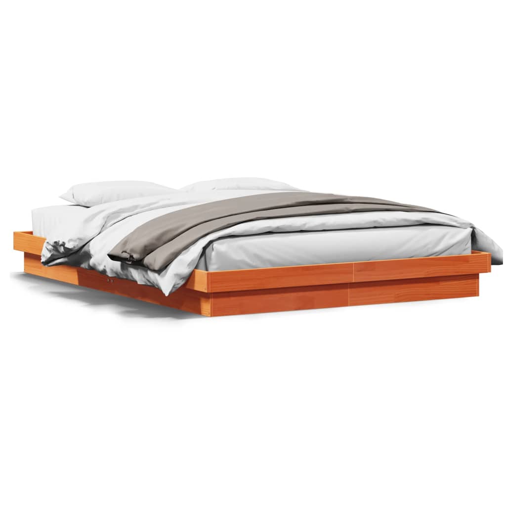 sengeramme med LED-lys 160x200 cm massivt fyrretræ gyldenbrun