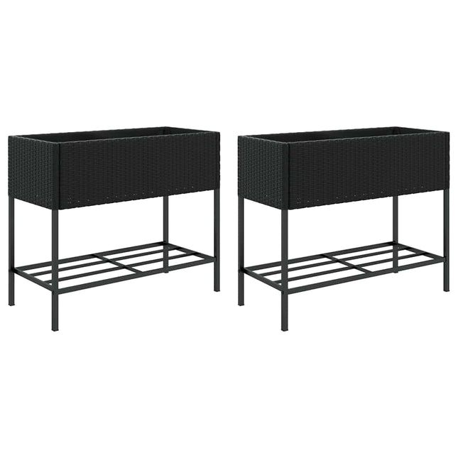 plantekasser 2 stk. med hylde 90x40x75 cm polyrattan sort