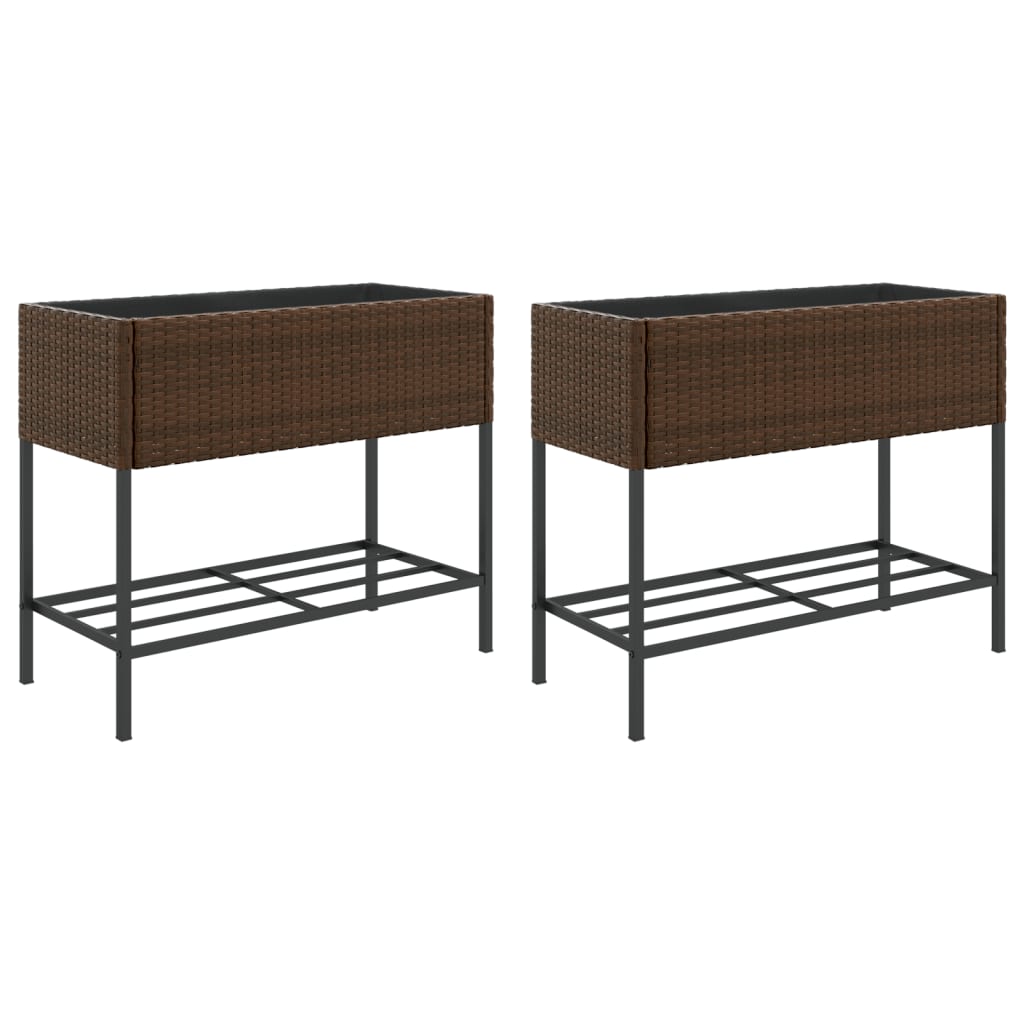 plantekasser 2 stk. med hylde 90x40x75 cm polyrattan brun