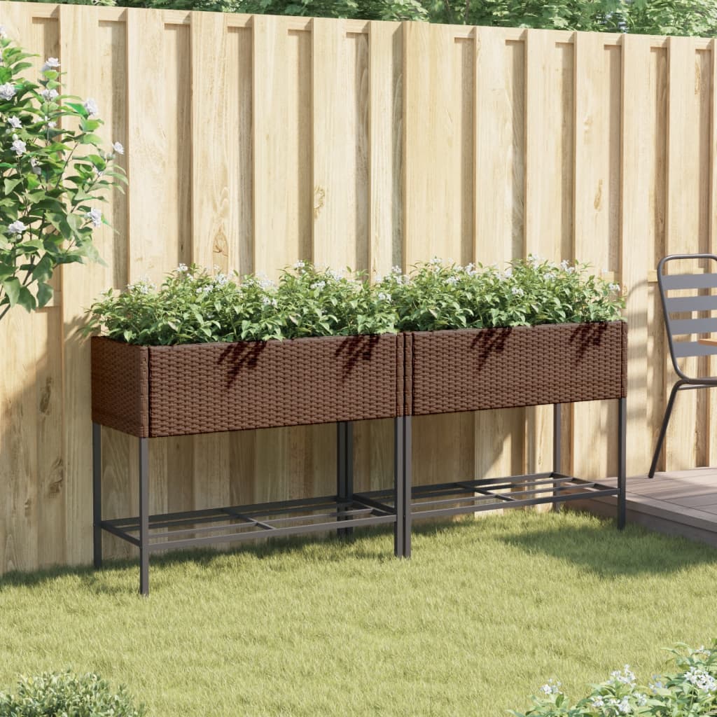 plantekasser 2 stk. med hylde 90x40x75 cm polyrattan brun