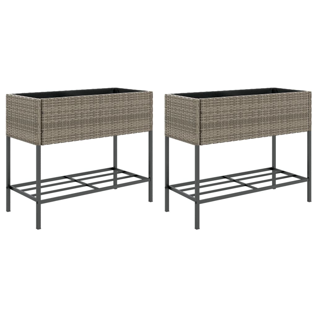 plantekasser 2 stk. med hylde 90x40x75 cm polyrattan grå