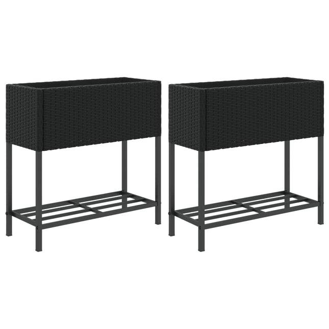 plantekasser 2 stk. med hylde 70x28x70 cm polyrattan sort