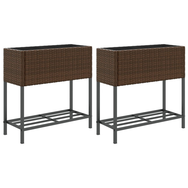 plantekasser 2 stk. med hylde 70x28x70 cm polyrattan brun