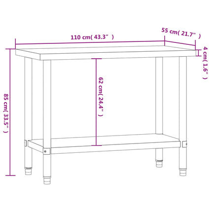 arbejdsbord til køkken 110x55x85 cm rustfrit stål
