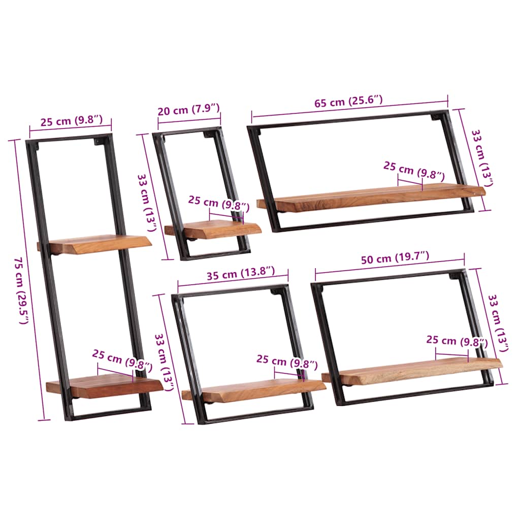 væghylder 5 stk. massivt akacietræ