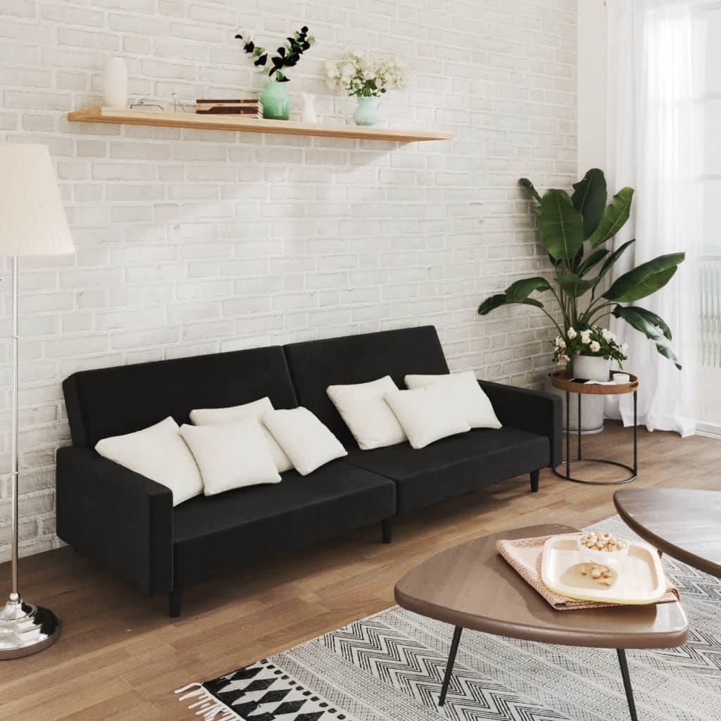 2-Personers Sovesofa Fløjl - Sort / Med armlæn