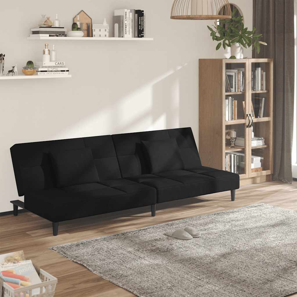 2-Personers Sovesofa Med 2 Puder Fløjl - Sort / Uden armlæn