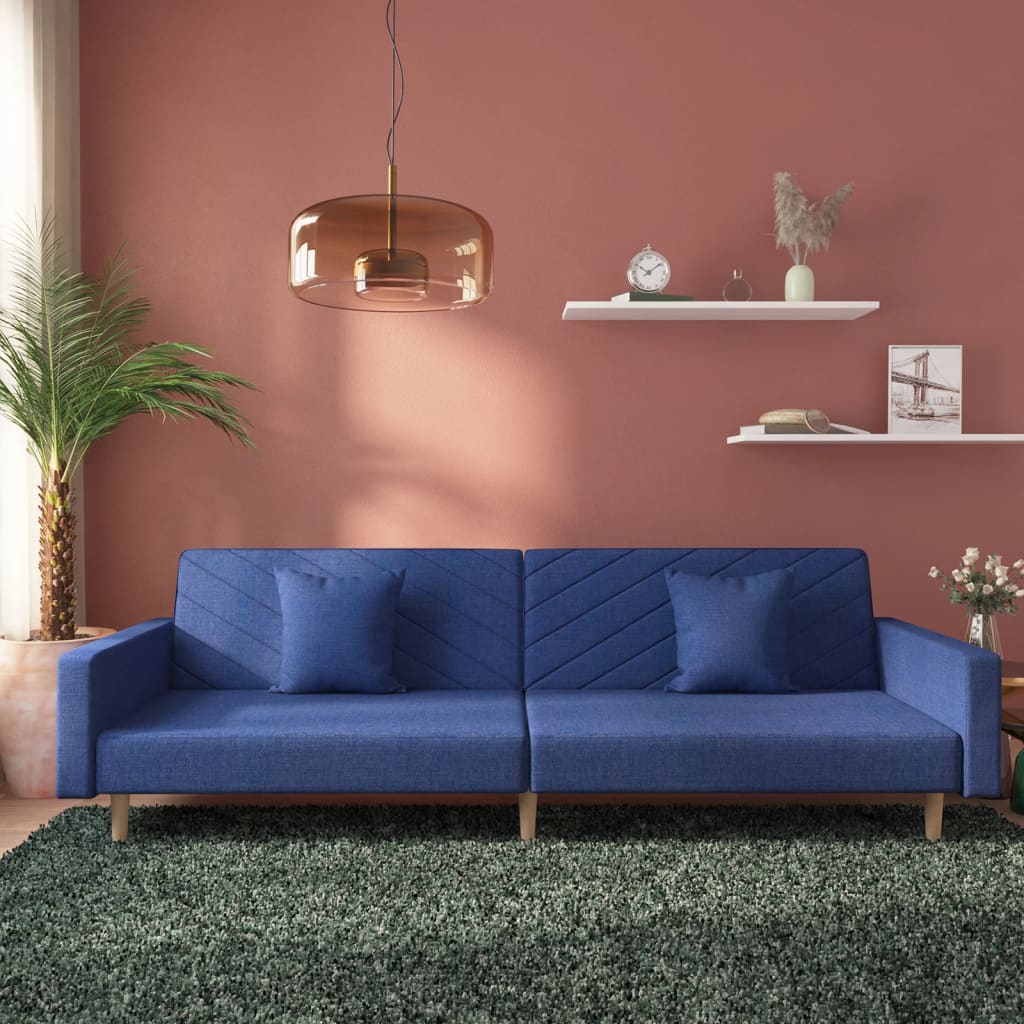 2-Personers Sovesofa Med 2 Puder Stof - Blå / Med armlæn