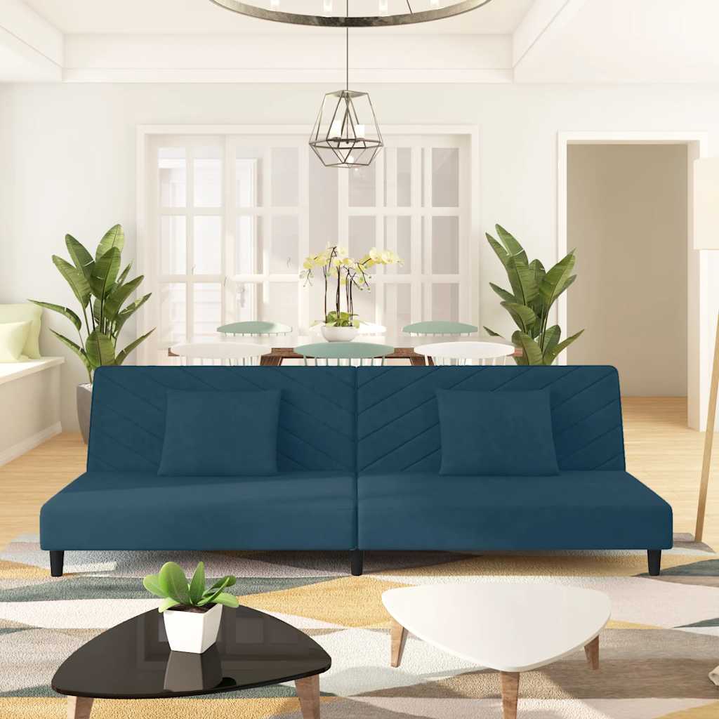 2-Personers Sovesofa Med 2 Puder Velour - Blå / Uden armlæn