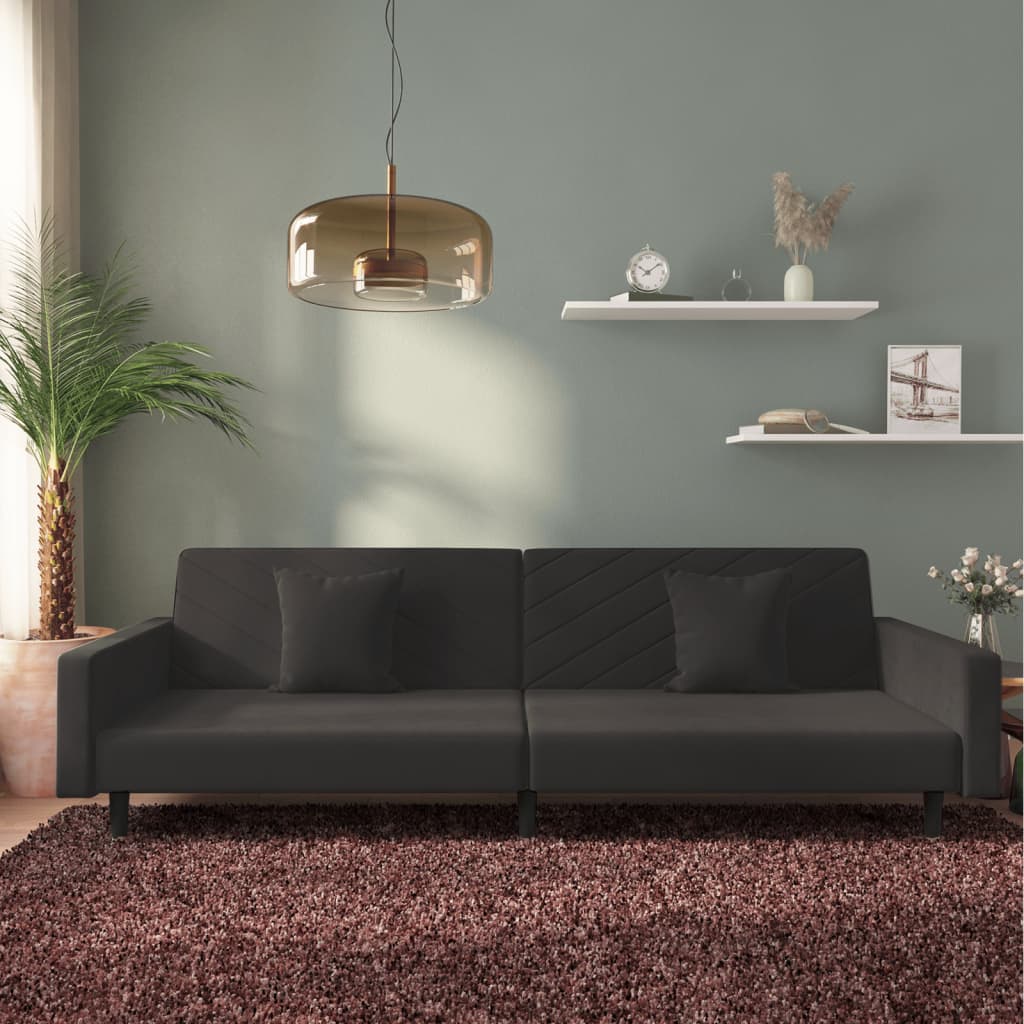 2-Personers Sovesofa Med 2 Puder Velour - Sort / Med armlæn
