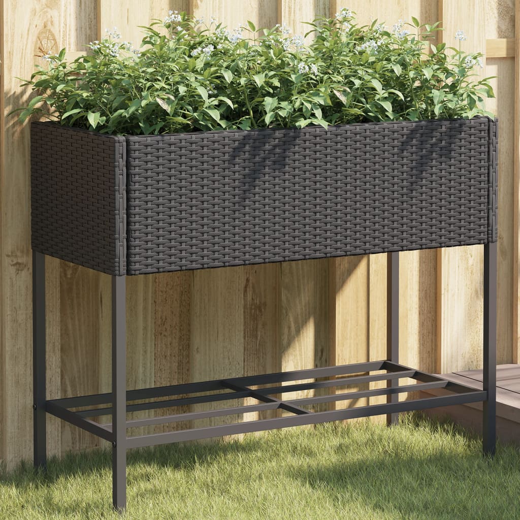 plantekasse med hylde polyrattan sort