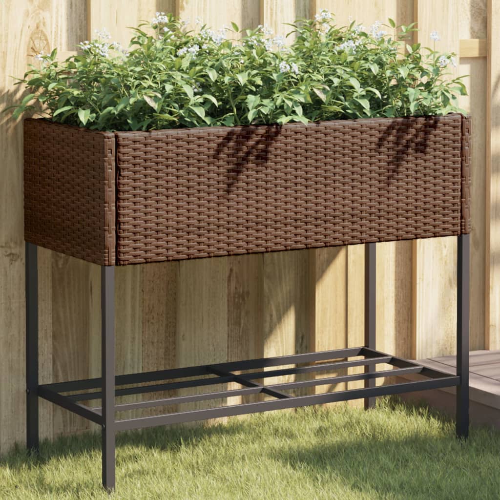 plantekasse med hylde polyrattan brun