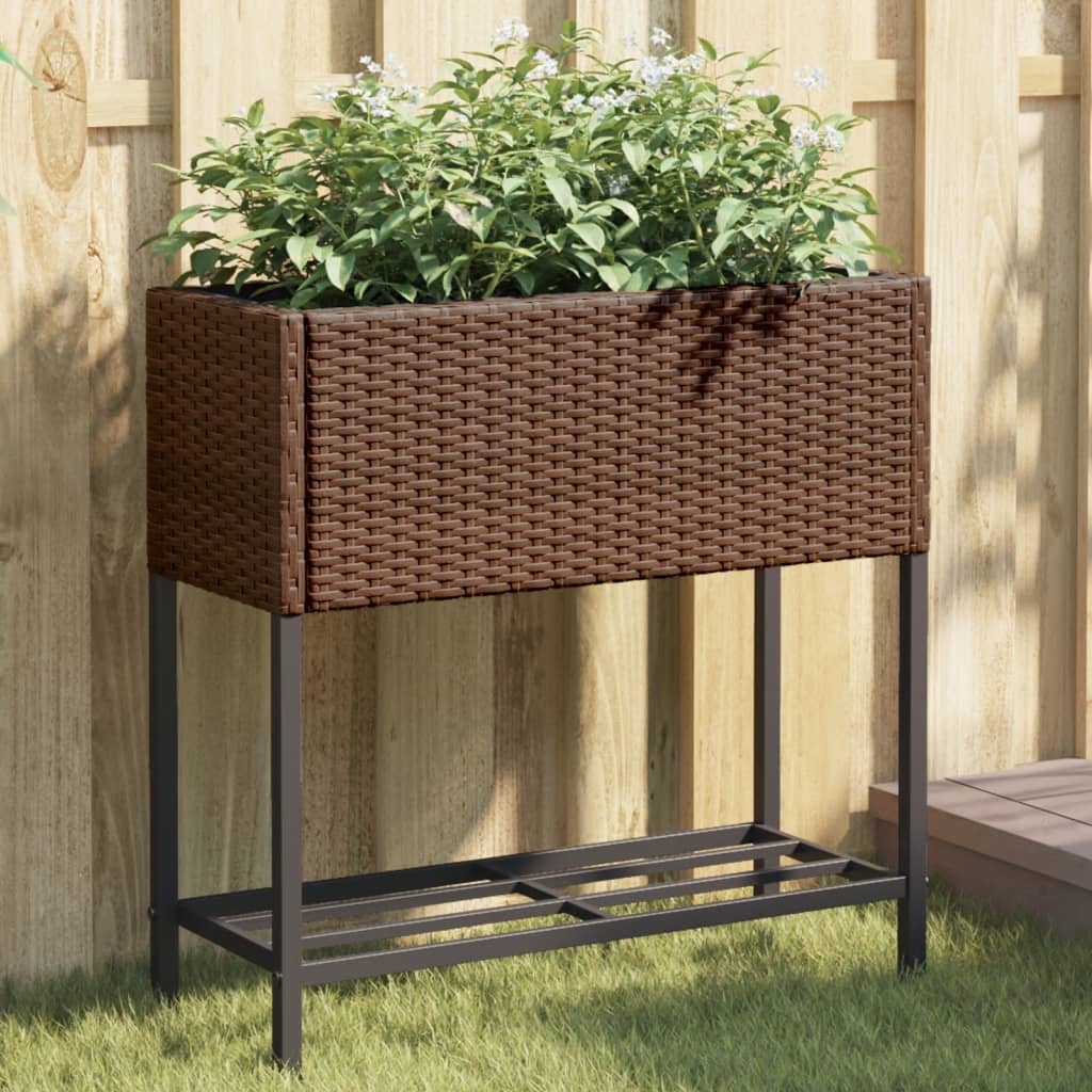 plantekasse med hylde polyrattan brun