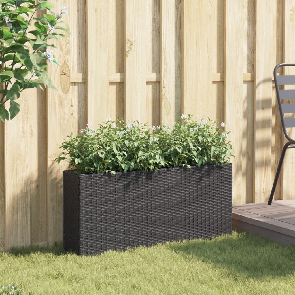 plantekasse med 2 krukker 90x20x40 cm polyrattan sort