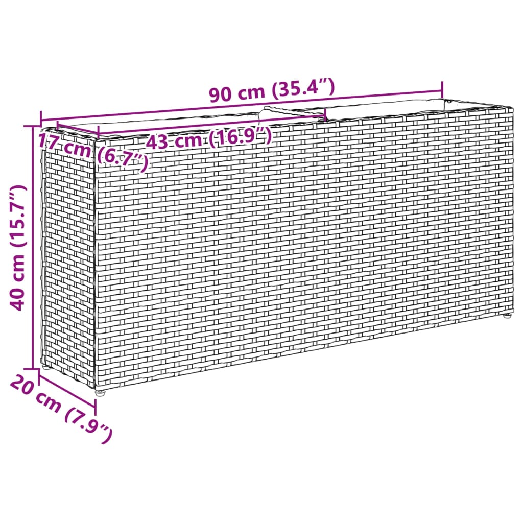 plantekasse med 2 krukker 90x20x40 cm polyrattan sort