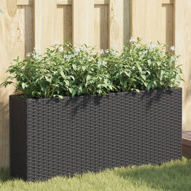 plantekasse med 2 krukker 90x20x40 cm polyrattan sort