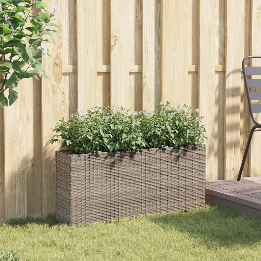 plantekasse med hjul og 2 krukker 90x20x40 cm polyrattan brun