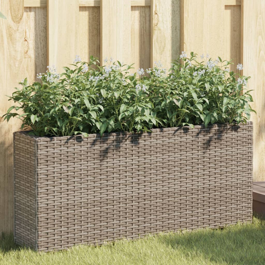 plantekasse med hjul og 2 krukker 90x20x40 cm polyrattan brun