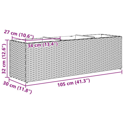 plantekasse med 3 krukker 105x30x32 cm polyrattan grå