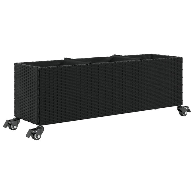 plantekasse med hjul og 3 krukker 107x32x38 cm polyrattan sort