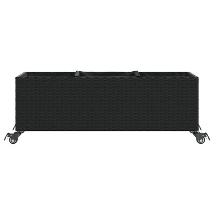 plantekasse med hjul og 3 krukker 107x32x38 cm polyrattan sort