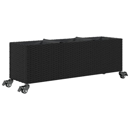 plantekasse med hjul og 3 krukker 107x32x38 cm polyrattan sort