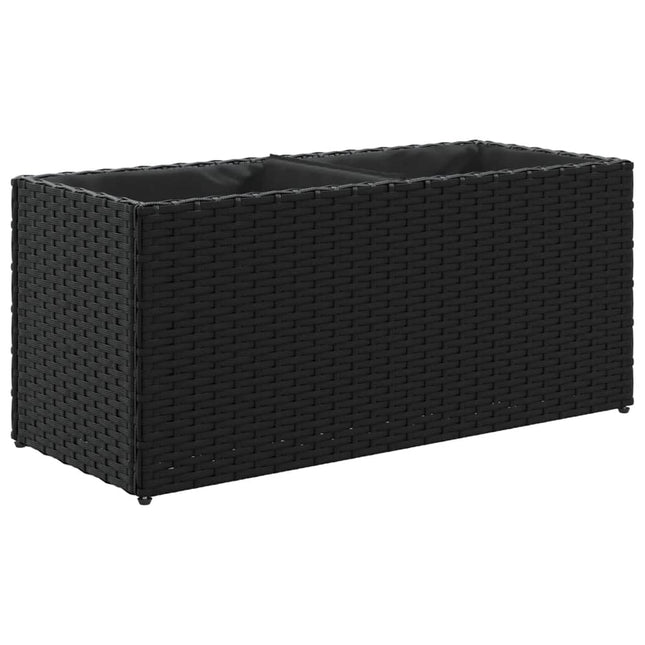 plantekasse med hjul og 2 krukker 72x30x32 cm polyrattan sort